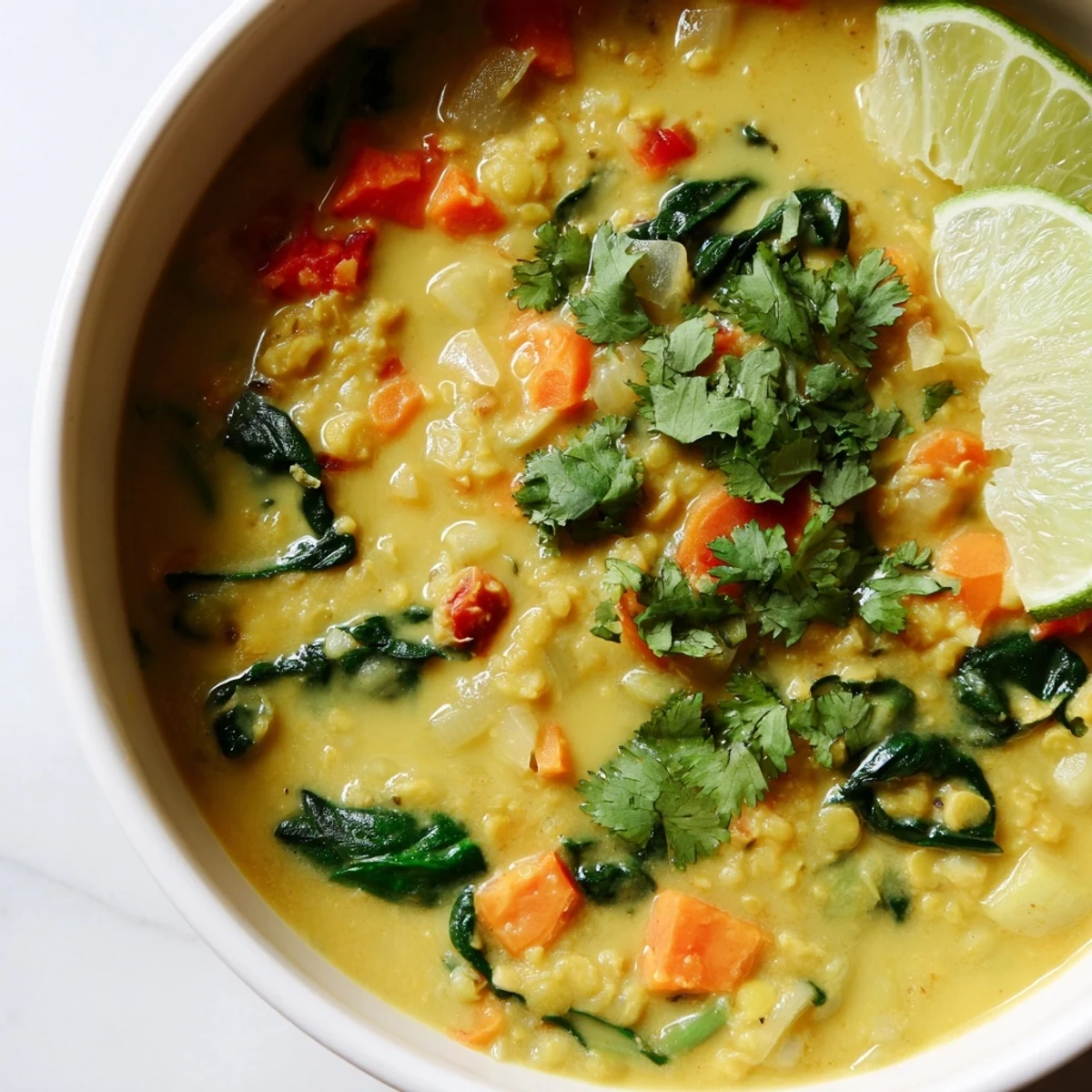 Steaming bowl of Coconut Curry Lentil Soup with Spinach, rich aromas, and fresh cilantro garnish.