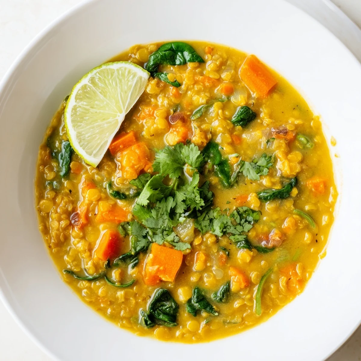 Hearty Coconut Curry Lentil Soup with Spinach: a warm, delicious vegan meal perfect for chilly nights.