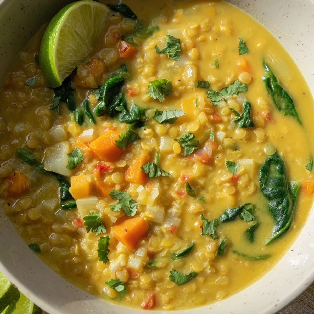 A vibrant photo of creamy Coconut Curry Lentil Soup with Spinach, ready to serve and enjoy.