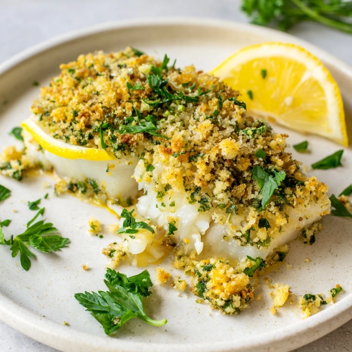 Golden-crusted Baked Cod with Lemon Herb Butter Crumb, served alongside fresh lemon wedges for a delicious main.