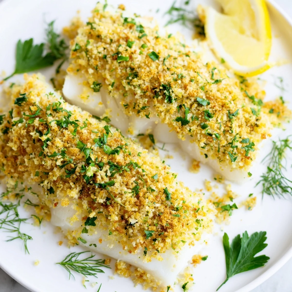 Flaky, baked cod fillets with a buttery, herb-infused topping: a flavorful twist on a classic dish.