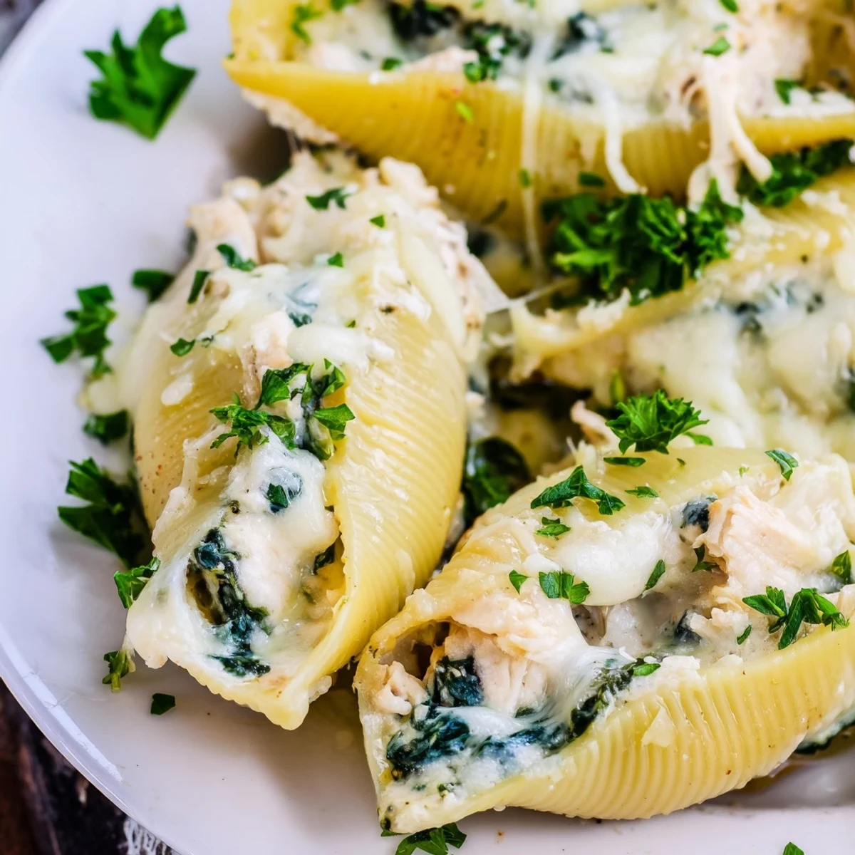 Creamy Chicken Alfredo Stuffed Shells with spinach, bubbly cheese, ready for serving this Italian-American classic.
