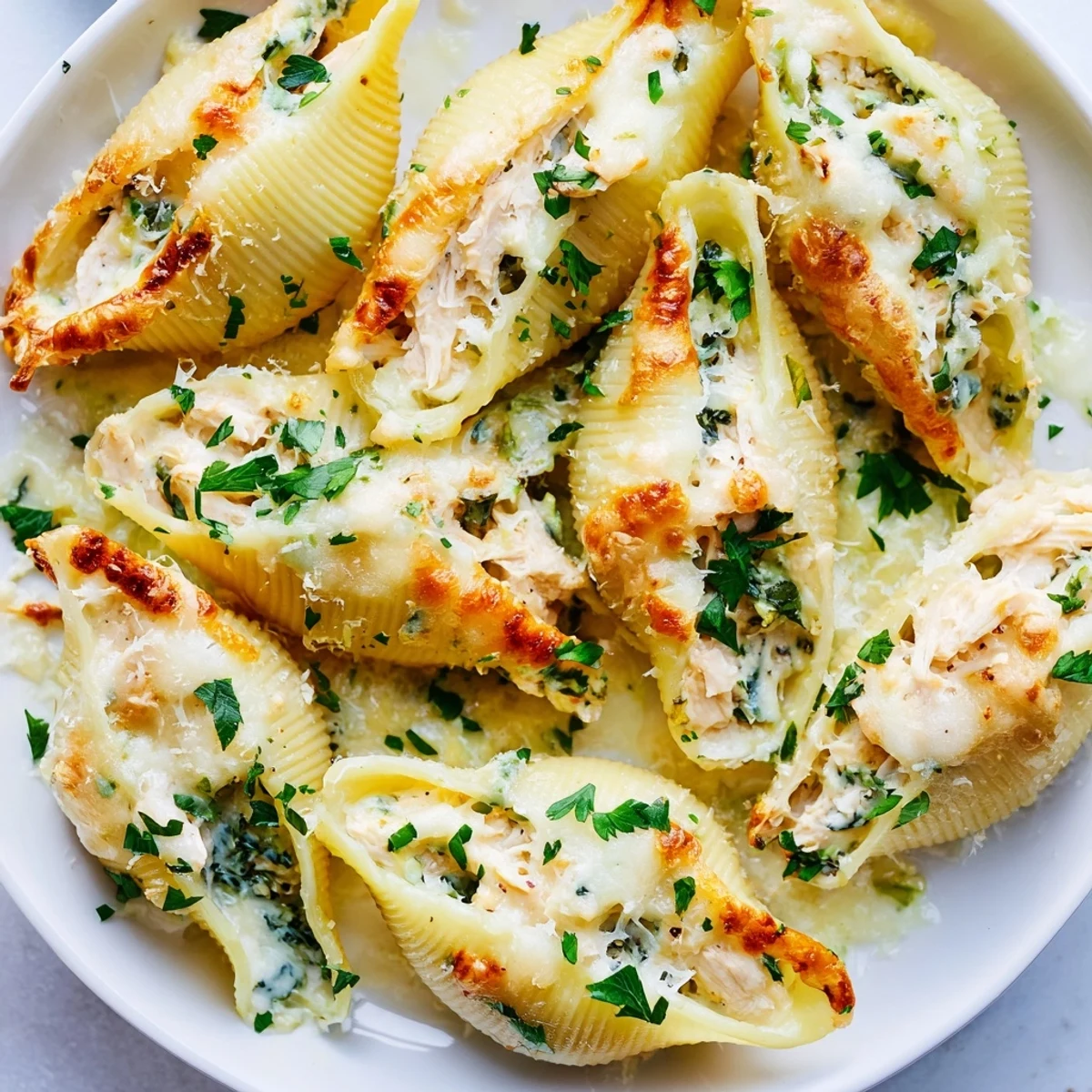 A close-up of golden Chicken Alfredo Stuffed Shells, showing the cheesy topping and comforting dish's texture.