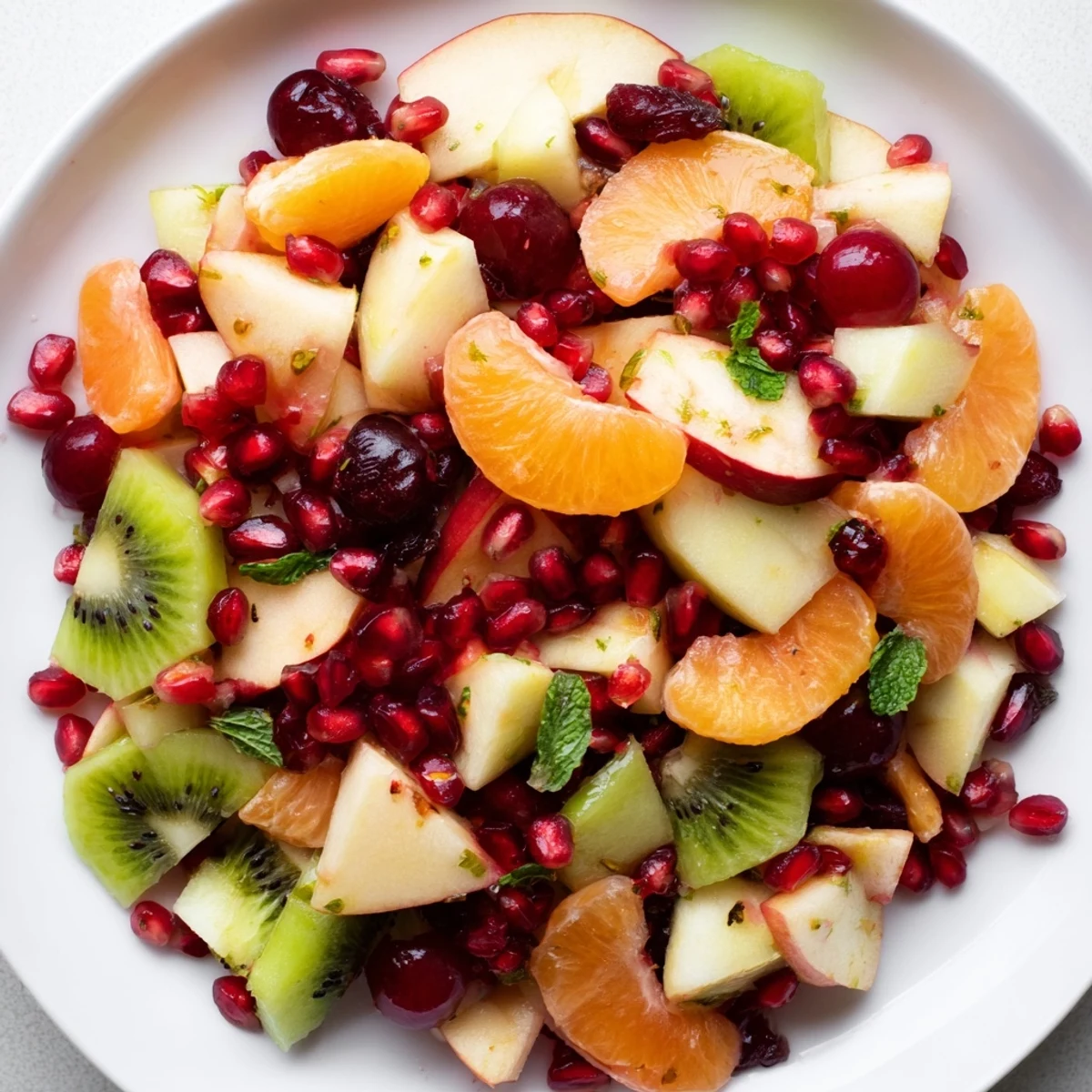 This winter fruit salad with honey lime dressing shows fresh fruit beautifully coated and ready to eat.