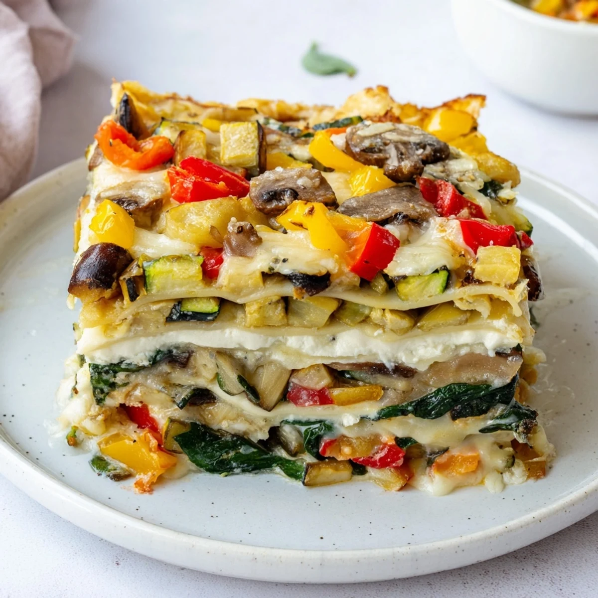 Golden brown and bubbling, this roasted vegetable lasagna features layers of flavorful roasted vegetables and melted cheese.