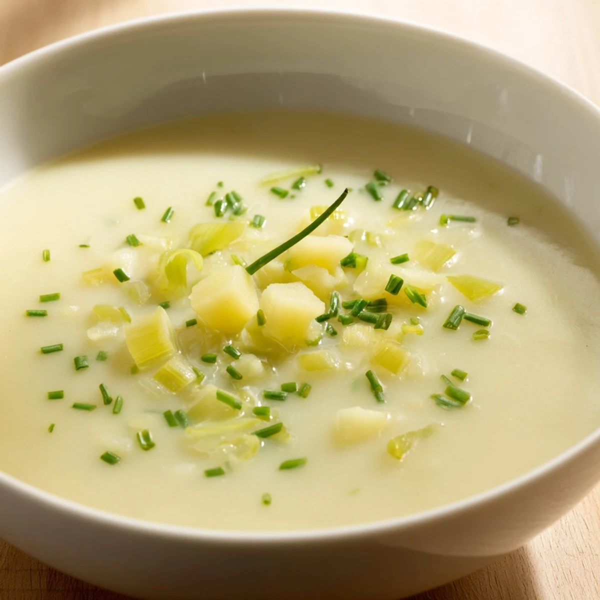 A close-up of the warm, creamy Potato Leek Soup, ready to be enjoyed in a bowl.