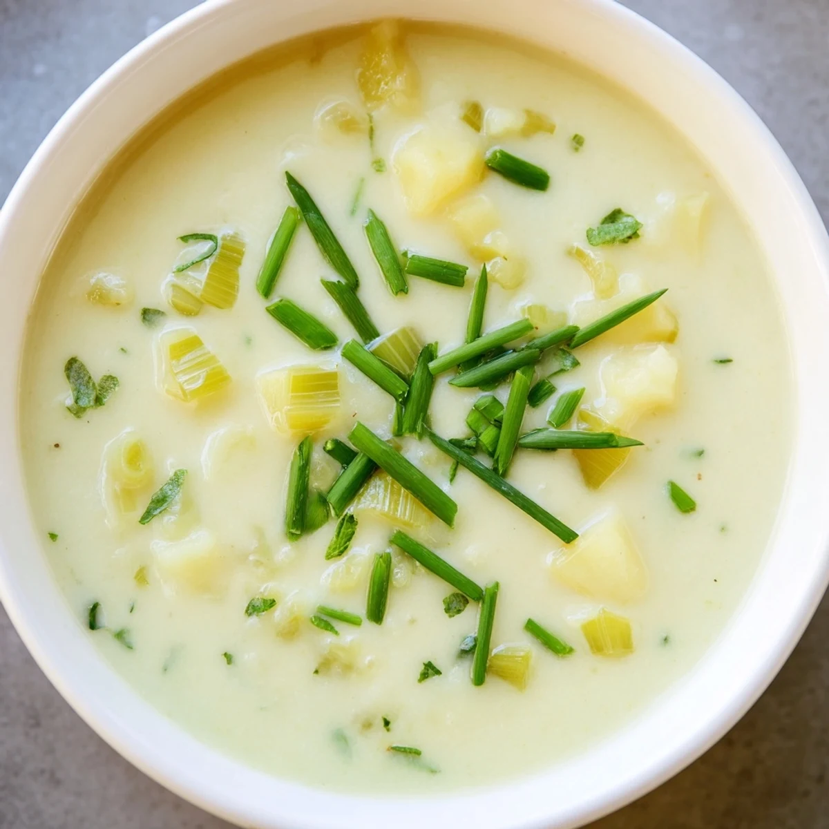 Creamy Potato Leek Soup garnished with fresh chives, a French-inspired comfort food classic.