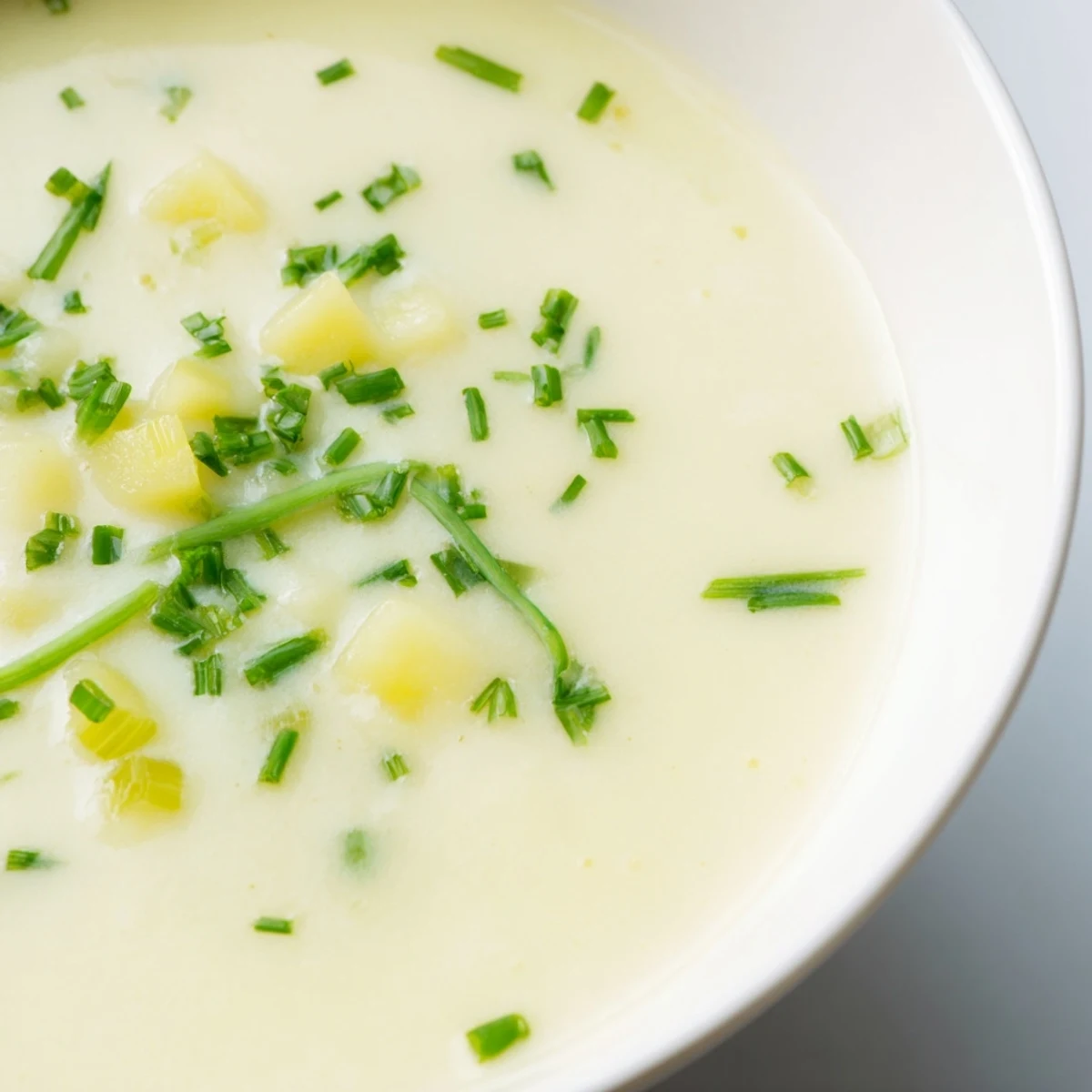 Garnished with vibrant green chives, this creamy Potato Leek Soup promises a delightful taste.