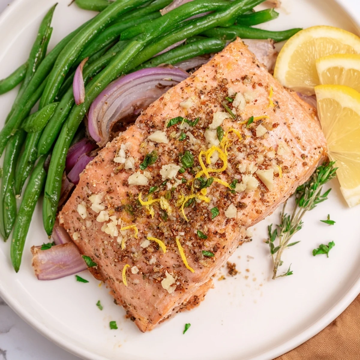 Flaky Sheet Pan Salmon and Green Beans, with tender, vibrant green beans, ready to enjoy with a squeeze of lemon.