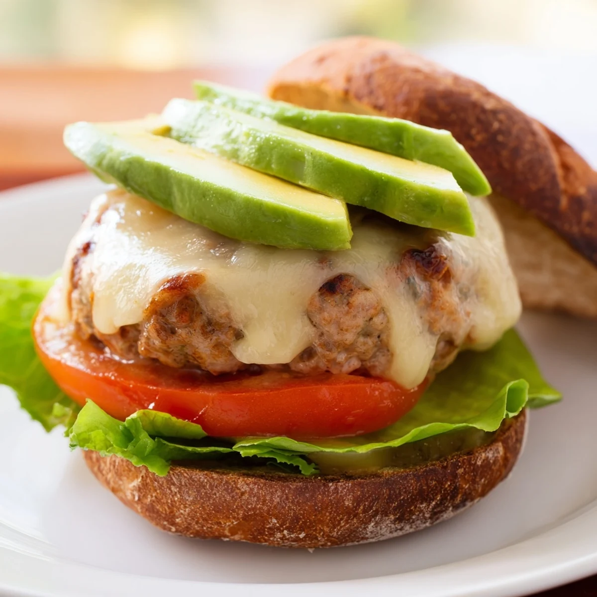 Savory turkey burger with melting Swiss, creamy avocado, lettuce, and tomato on a bun.