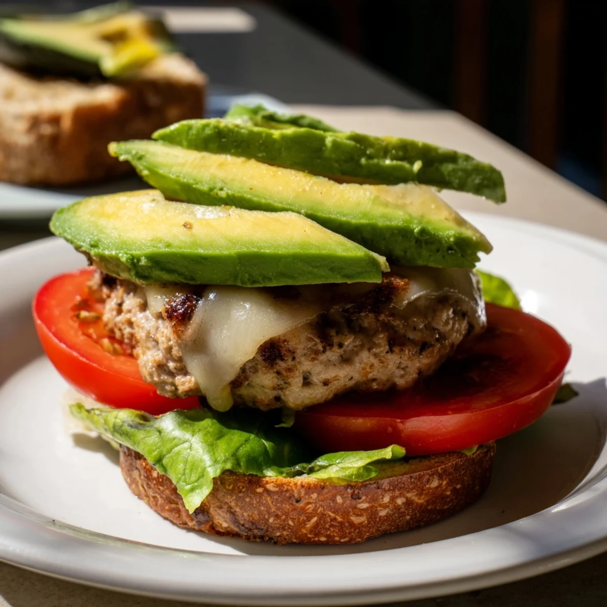 A close-up shot of a juicy, perfectly cooked turkey burger ready to be devoured.