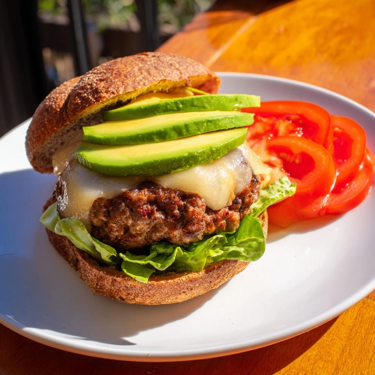Freshly assembled turkey burger featuring melted Swiss, ripe avocado slices, and a toasted bun.