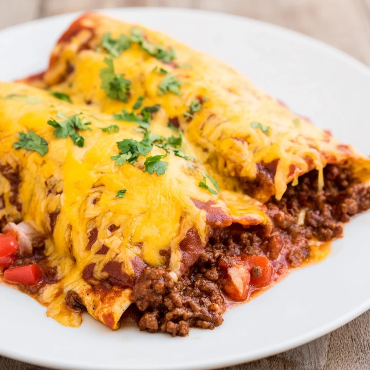 Freshly baked Beef Enchiladas with Red Enchilada Sauce, featuring soft tortillas packed with spiced ground beef and rich red sauce.