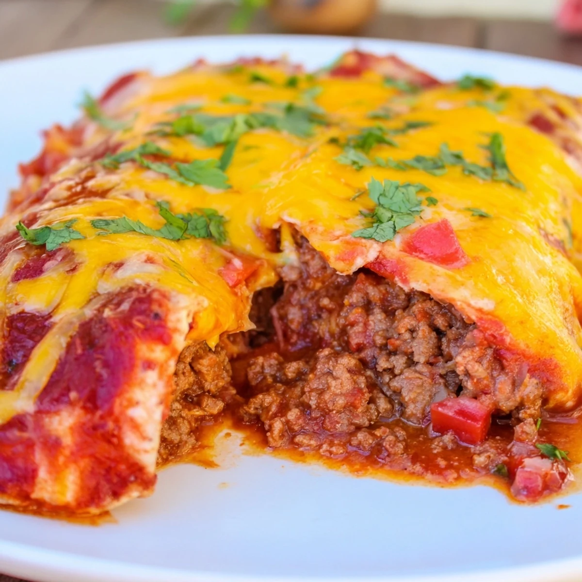 Golden-brown Beef Enchiladas with Red Enchilada Sauce bubbling with melted cheddar cheese, served in a baking dish topped with fresh cilantro.