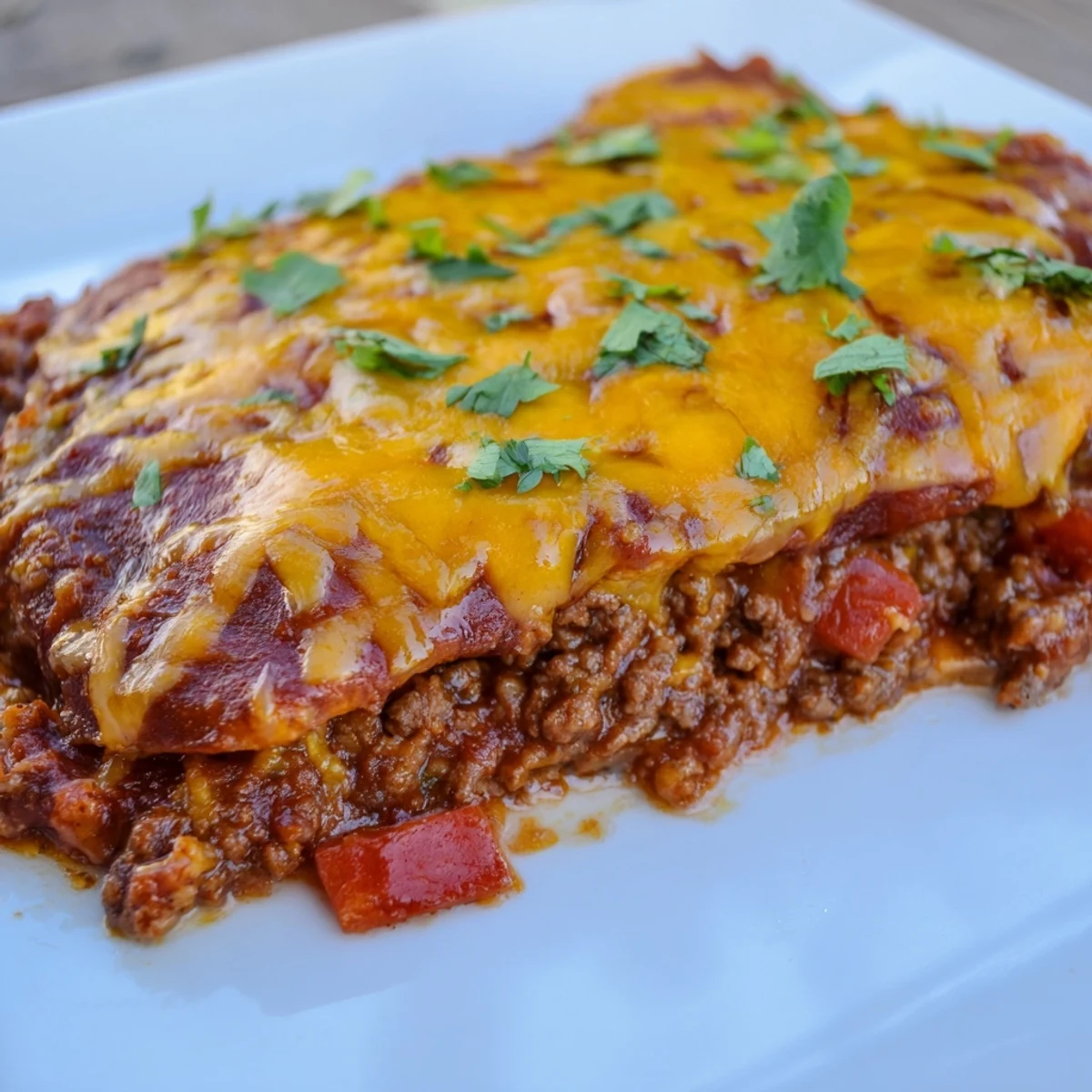 Homemade Beef Enchiladas with Red Enchilada Sauce drizzled with savory sauce and covered in gooey cheese, ready to be served hot.