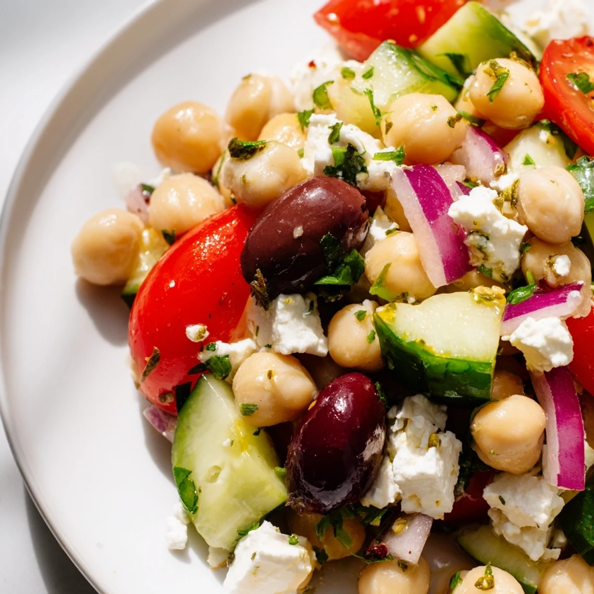 Mediterranean Chickpea Salad with Lemon Vinaigrette in a rustic ceramic bowl, surrounded by fresh ingredients like Kalamata olives and parsley on a textured wooden table.