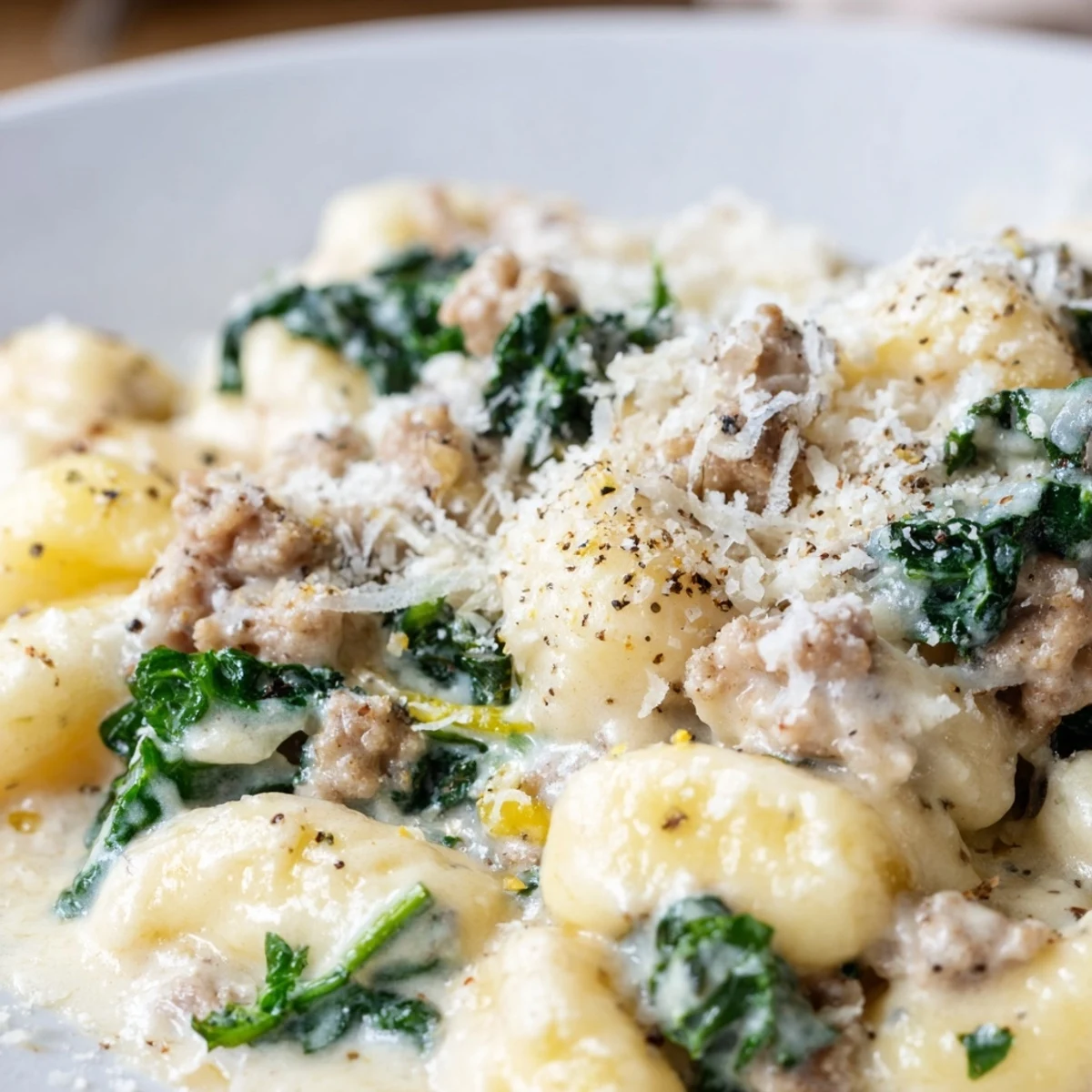 Close-up of Creamy Gnocchi with Turkey Sausage and Kale served in a rustic bowl, topped with extra parmesan. 