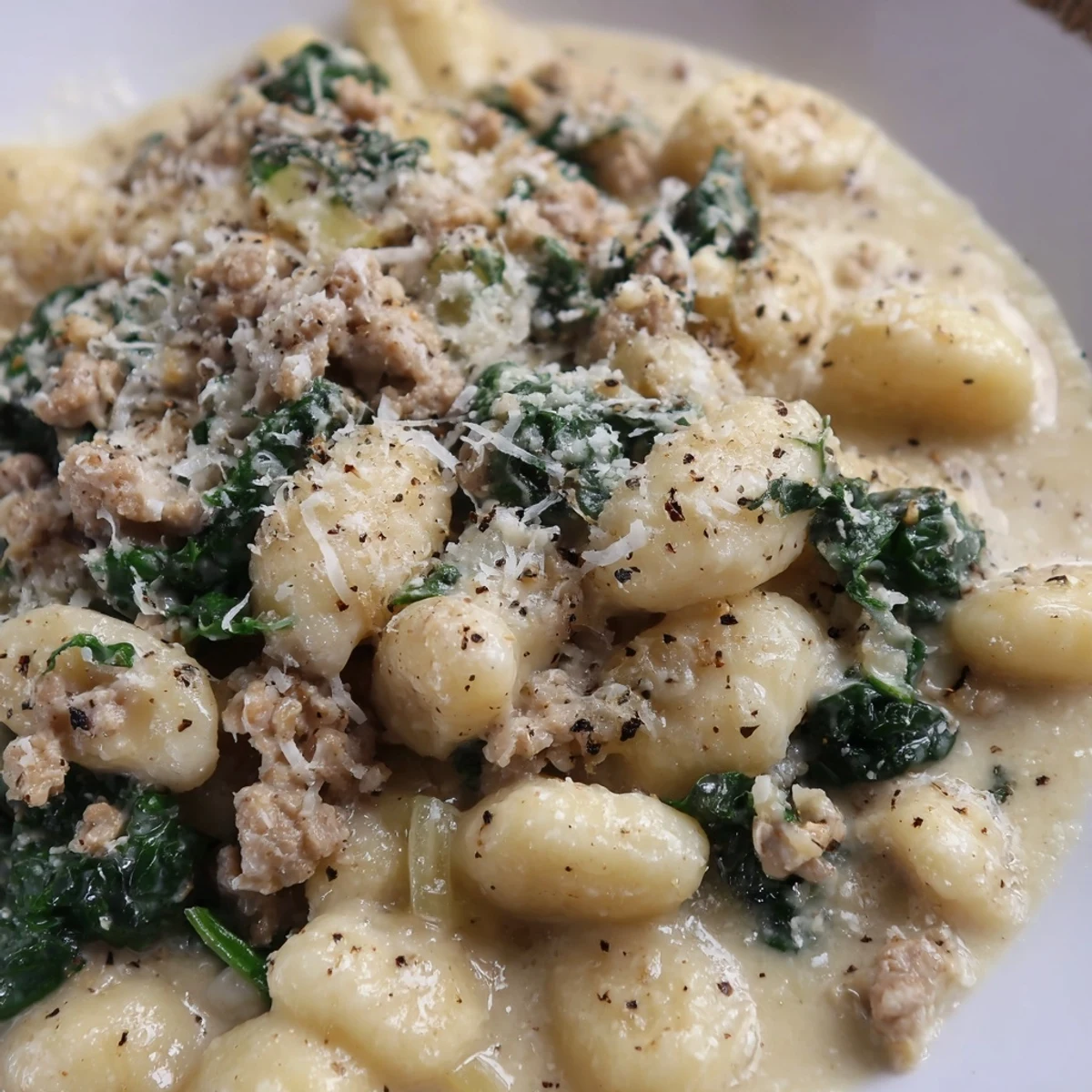Steaming skillet of Creamy Gnocchi with Turkey Sausage and Kale featuring wilted kale and golden sausage crumbles. 