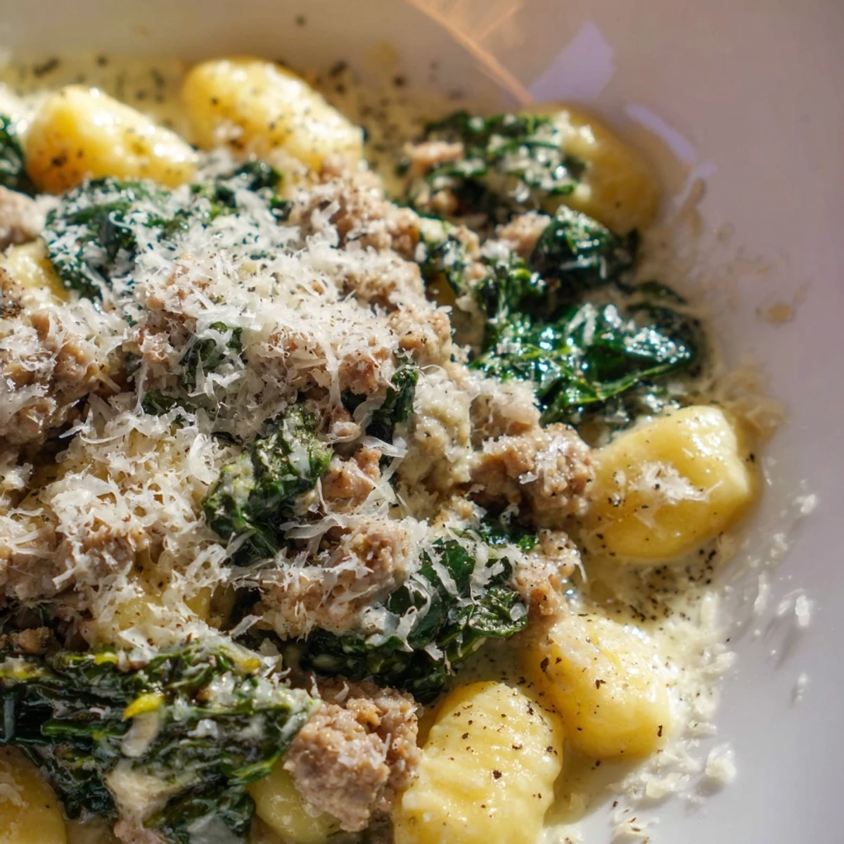 Family-style dinner of Creamy Gnocchi with Turkey Sausage and Kale paired with a glass of white wine.