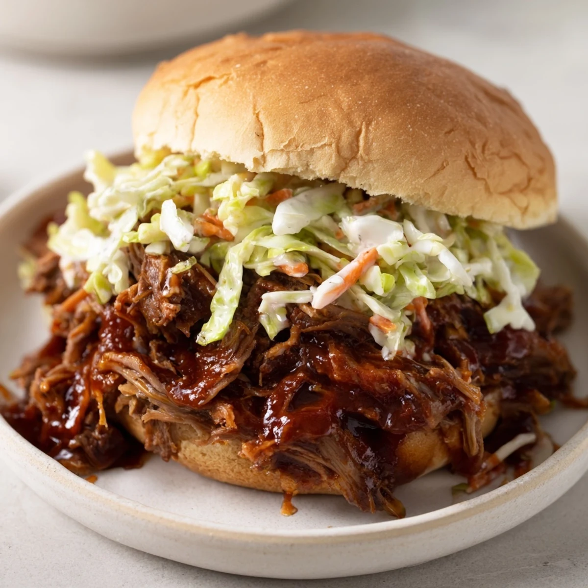 A close-up look at juicy, slow-cooked beef and creamy slaw piled onto a soft sandwich roll for dinner.