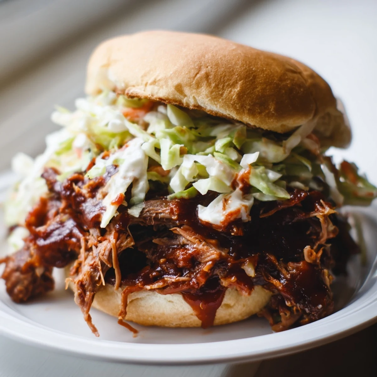 Freshly shredded cabbage and carrot slaw adds a crunchy texture to this hearty Slow Cooker Pulled Beef Sandwiches meal.