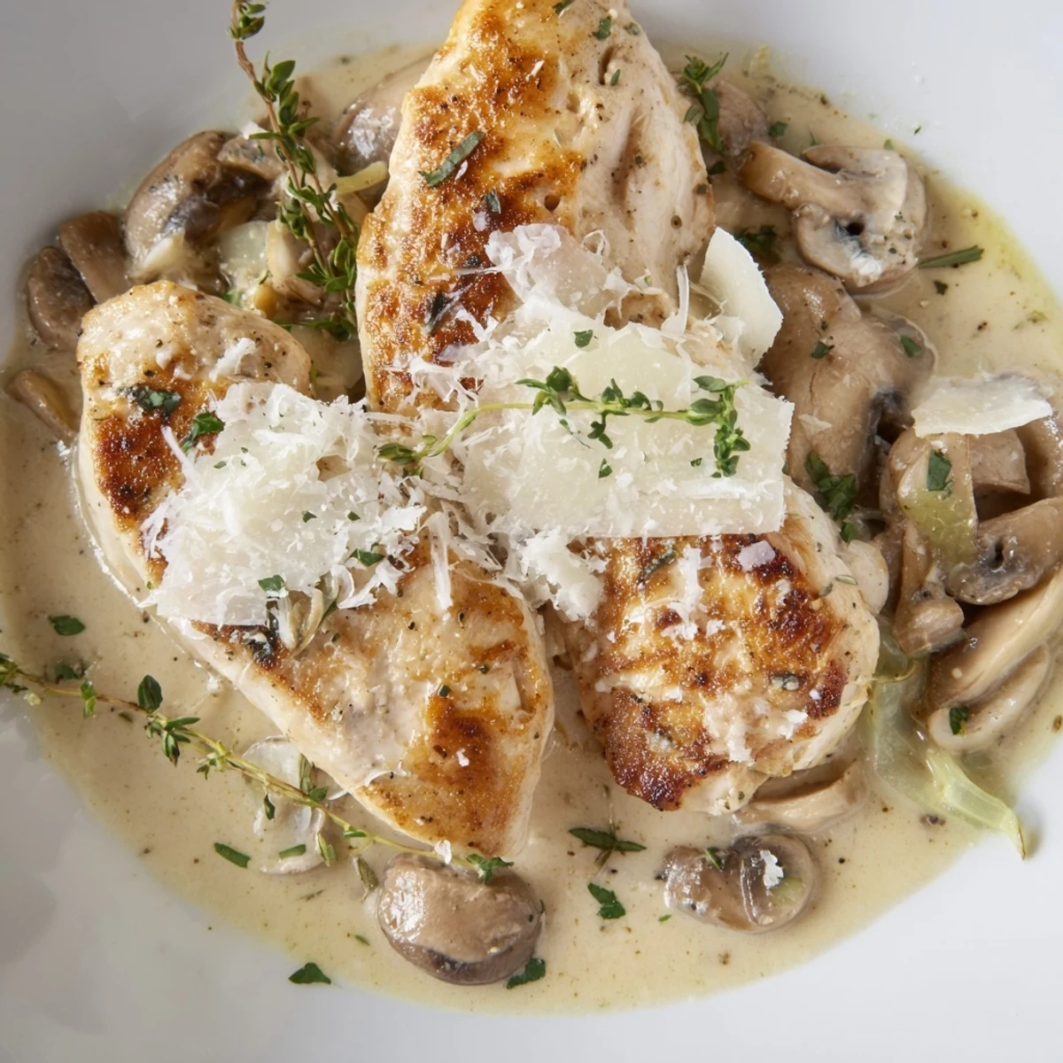 A close-up of the creamy Chicken Mushroom Skillet reveals tender chicken, sautéed mushrooms, and a rich, glossy sauce.