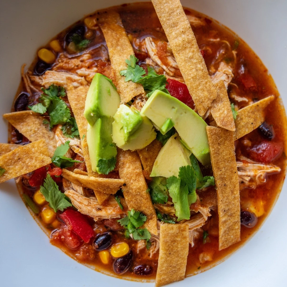 Close-up of Chicken Tortilla Soup with Crispy Tortilla Strips, garnished with lime wedges and shredded cheese.