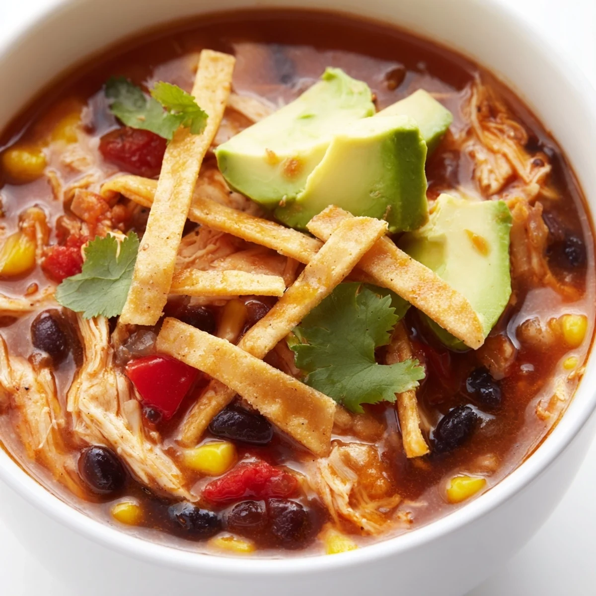 Comforting Chicken Tortilla Soup with Crispy Tortilla Strips served in a rustic bowl, ready to enjoy.