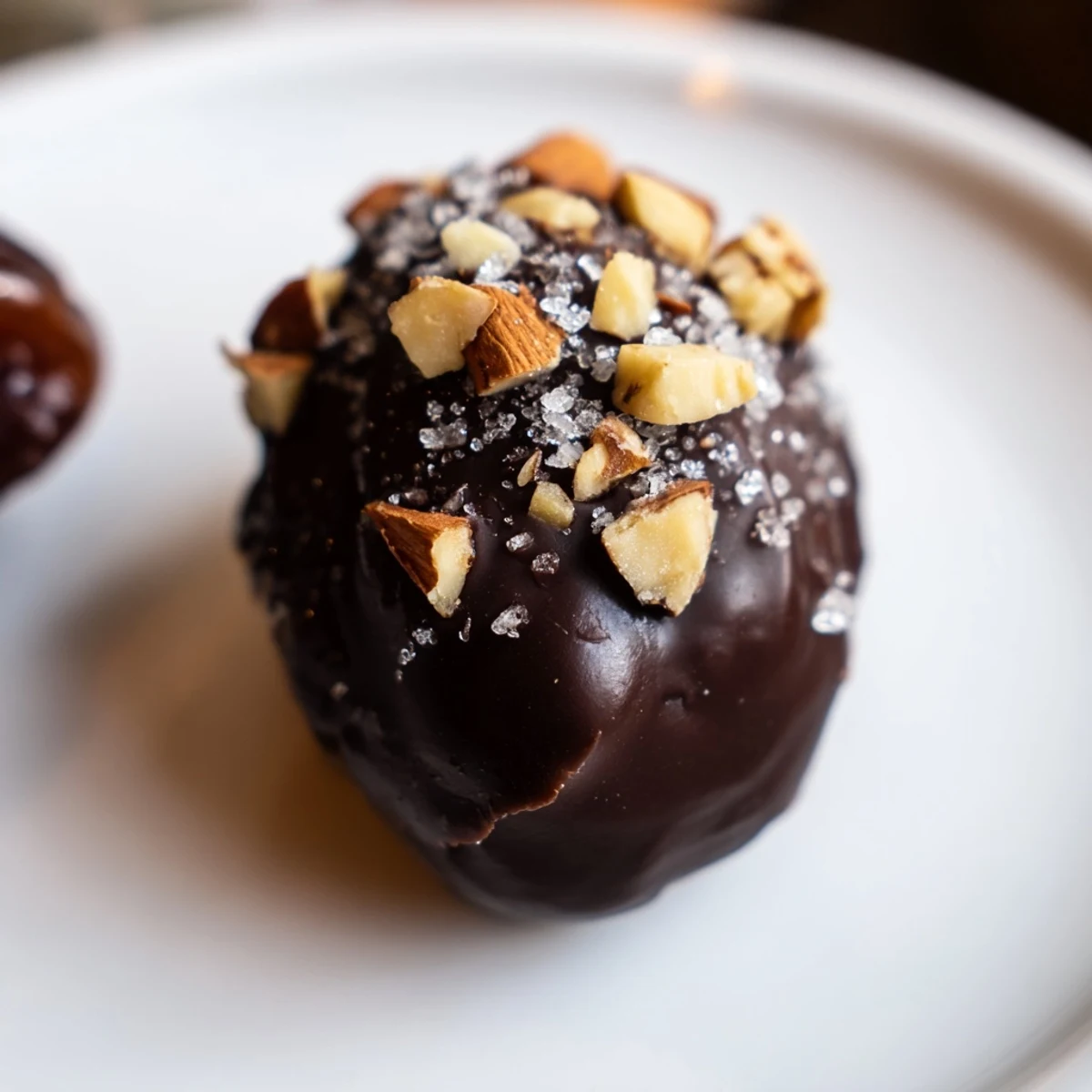 Chocolate Covered Dates Stuffed with Almond Butter are displayed on a marble board, garnished with sea salt and chopped almonds.