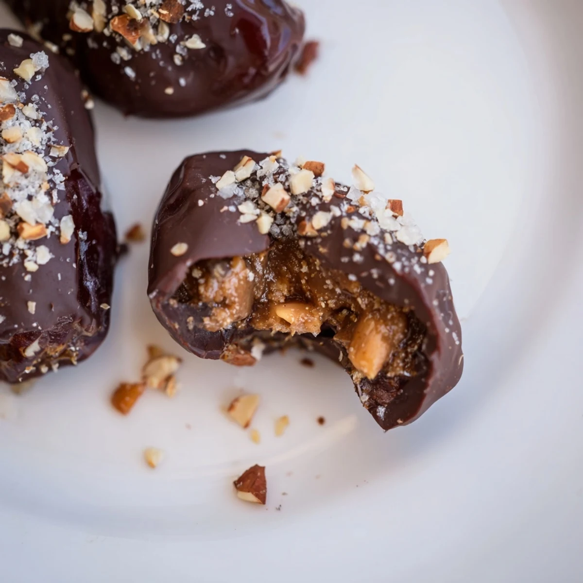 Enjoy these Chocolate Covered Dates Stuffed with Almond Butter, a rich vegan snack on a baking sheet, perfect for healthy cravings.