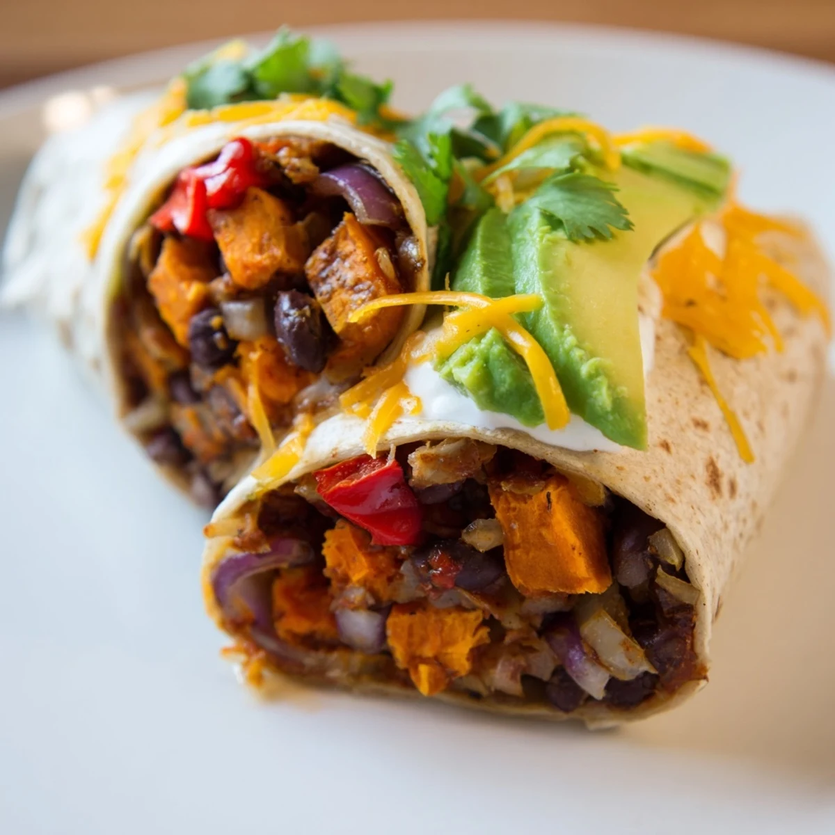 Close-up of a Roasted Sweet Potato and Black Bean Burrito, sliced to reveal the caramelized sweet potato filling and creamy avocado inside.