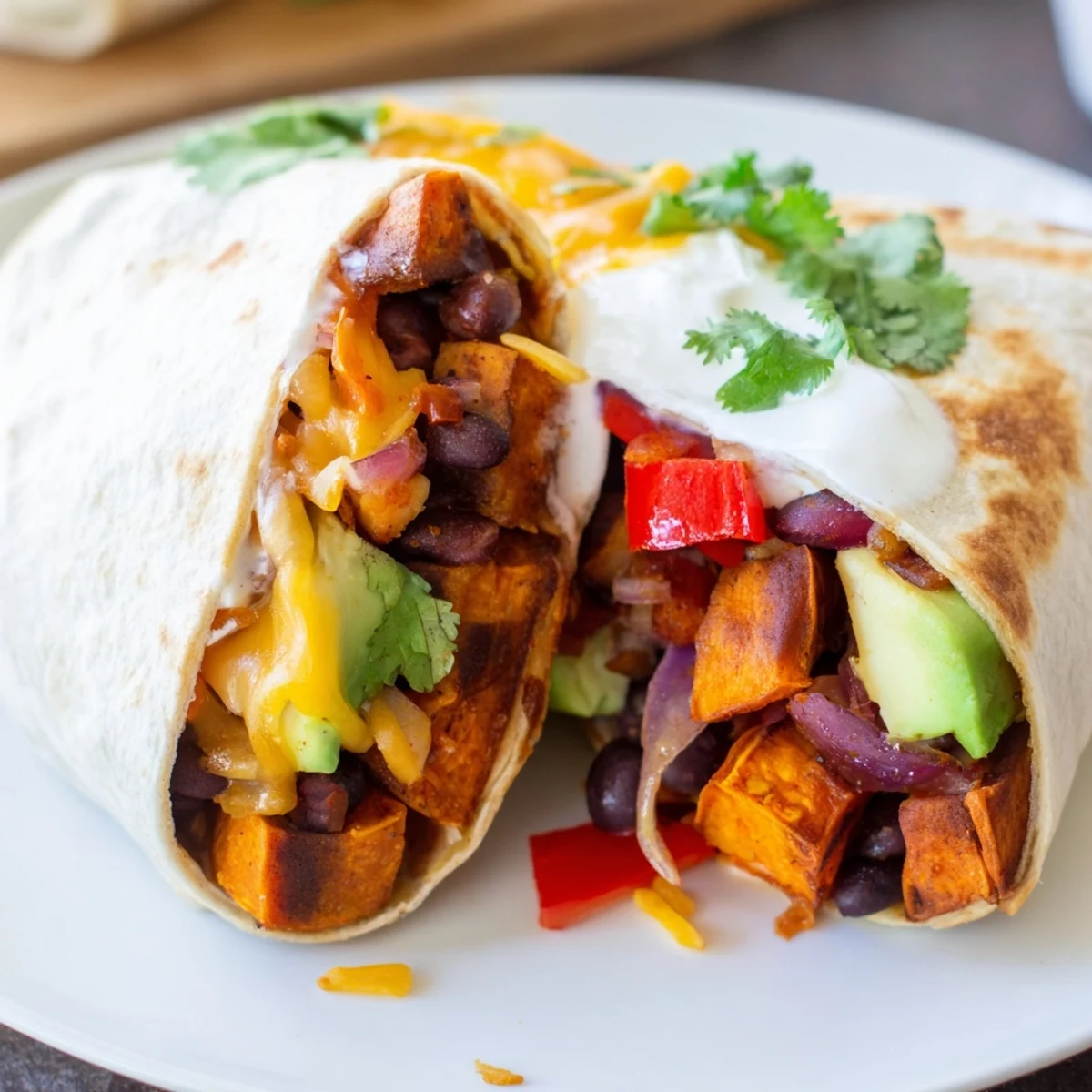 A hand holds a warm Roasted Sweet Potato and Black Bean Burrito, ready to be dipped into a side of sour cream.