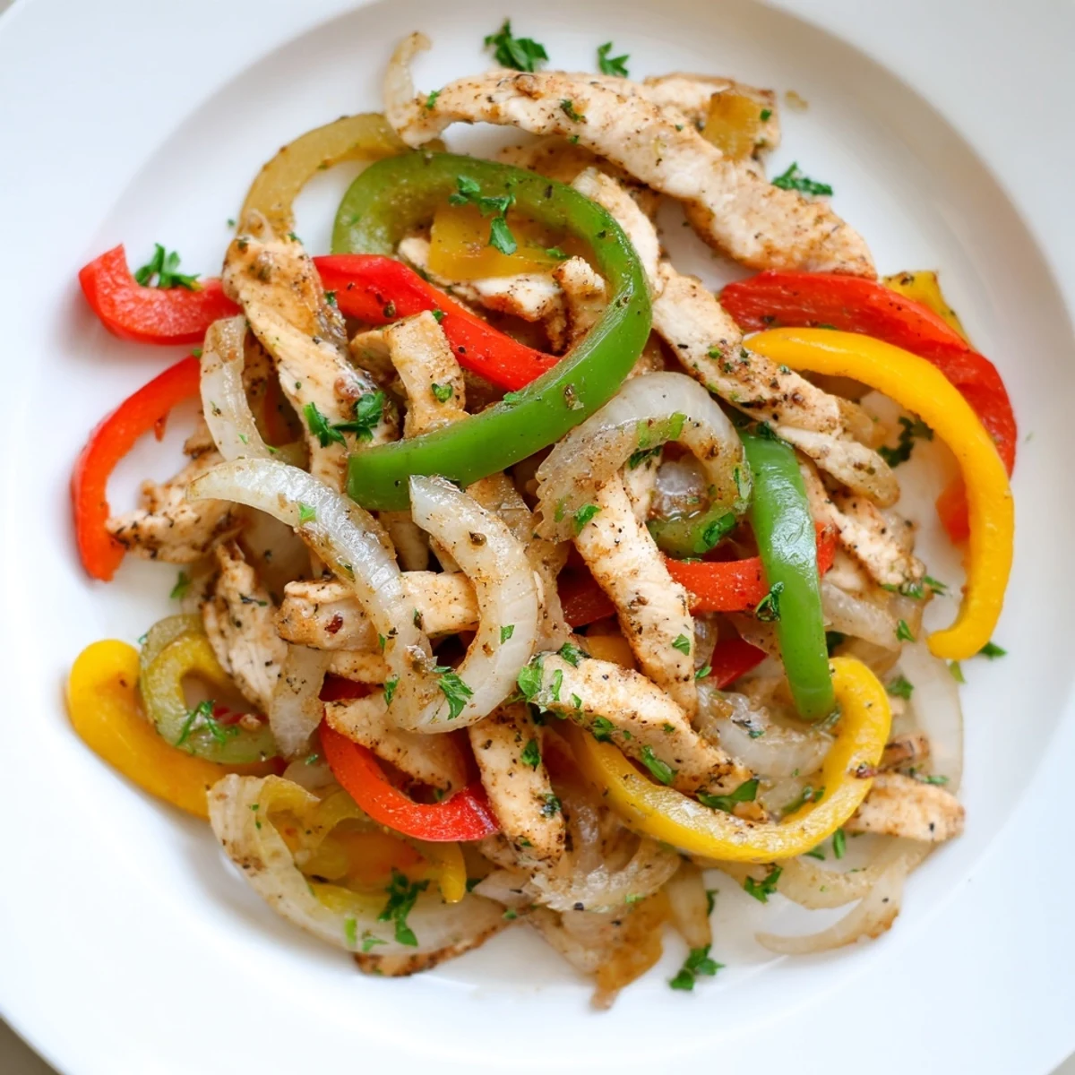 Golden-brown turkey strips and vibrant, tender bell peppers sizzling in a large skillet with fresh parsley garnish. The Turkey Skillet with Peppers looks delicious.