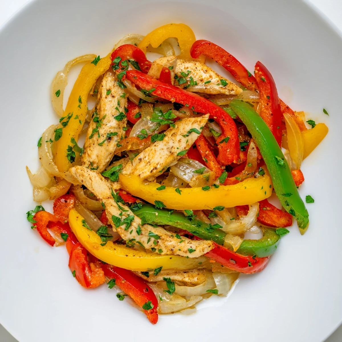 A close-up of juicy turkey and colorful sliced peppers coated in a savory, glossy sauce in a hot pan. The Turkey Skillet with Peppers is ready to serve.
