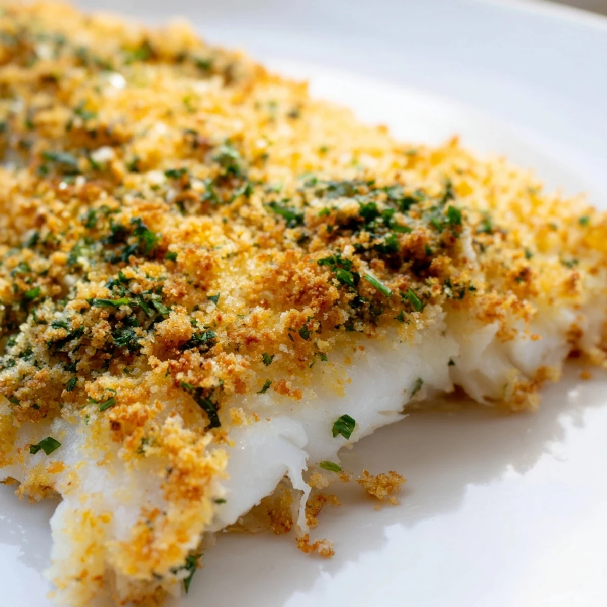 Fork-tender Baked Haddock with Breadcrumbs topped with parsley and Parmesan on a ceramic platter.