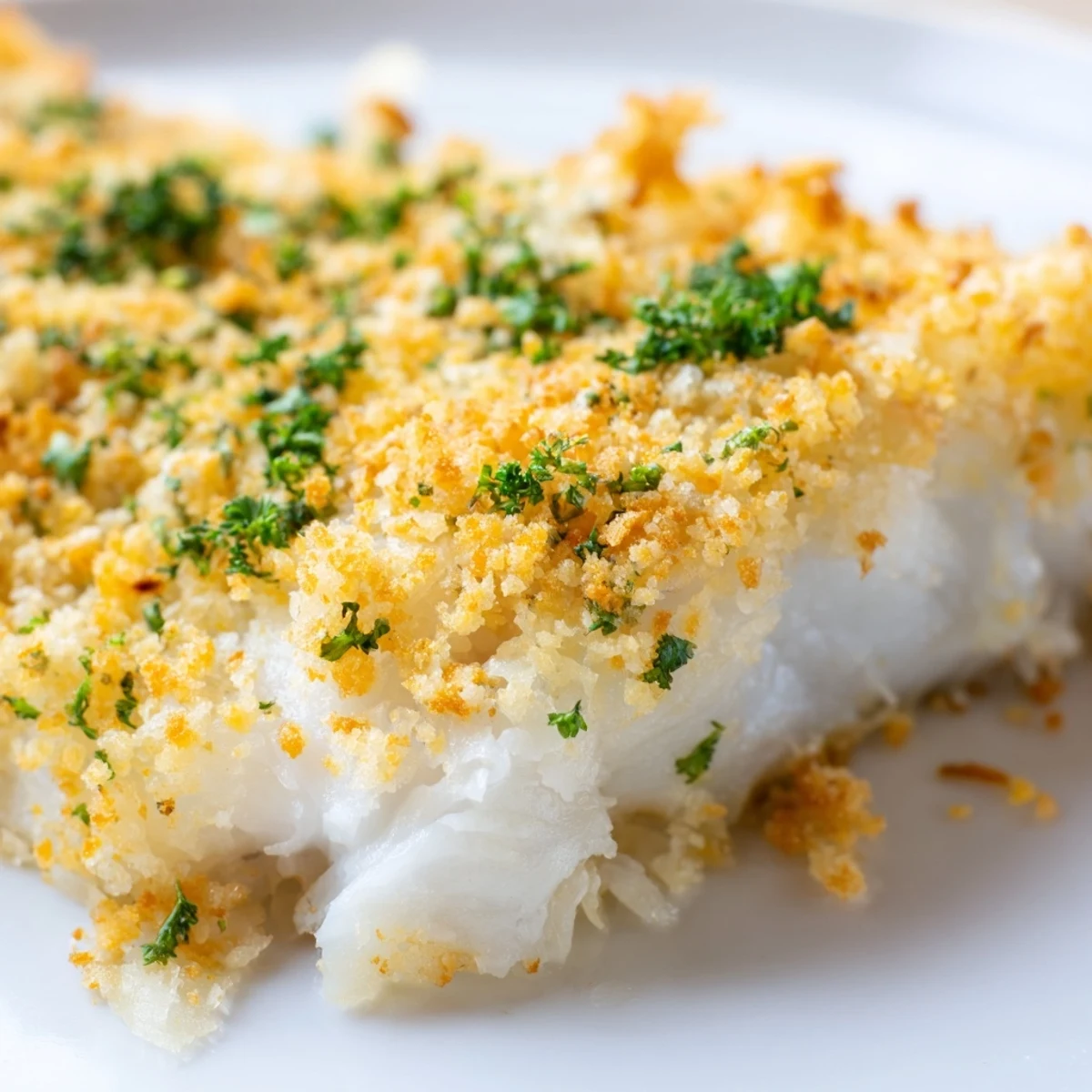 Freshly baked Baked Haddock with Breadcrumbs served with lemon wedges and a side of green beans.