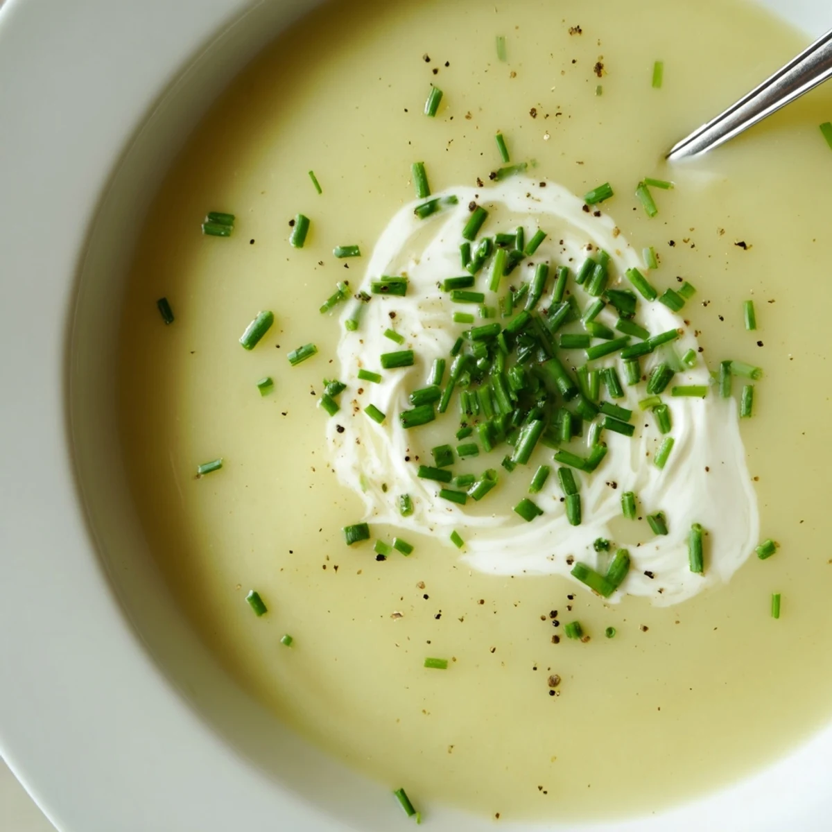 Creamy Leek Soup with Potatoes is served steaming in a rustic bowl, garnished with fresh chives and a swirl of rich cream.