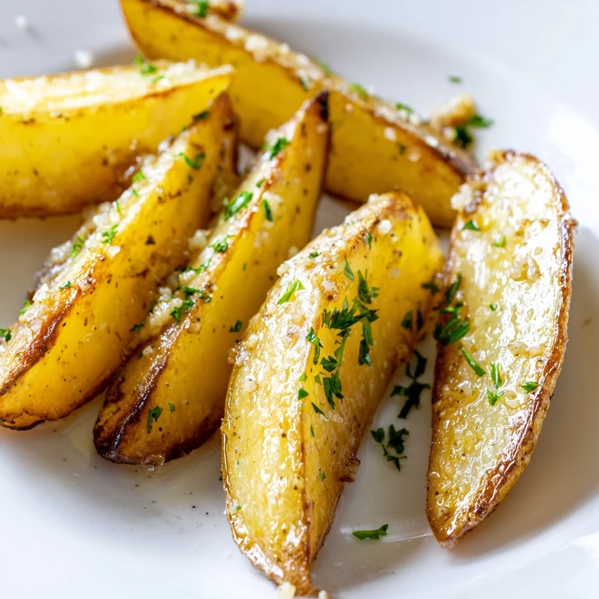 Crispy golden Lemon Potatoes with Rosemary roasted with garlic and olive oil on a baking sheet.