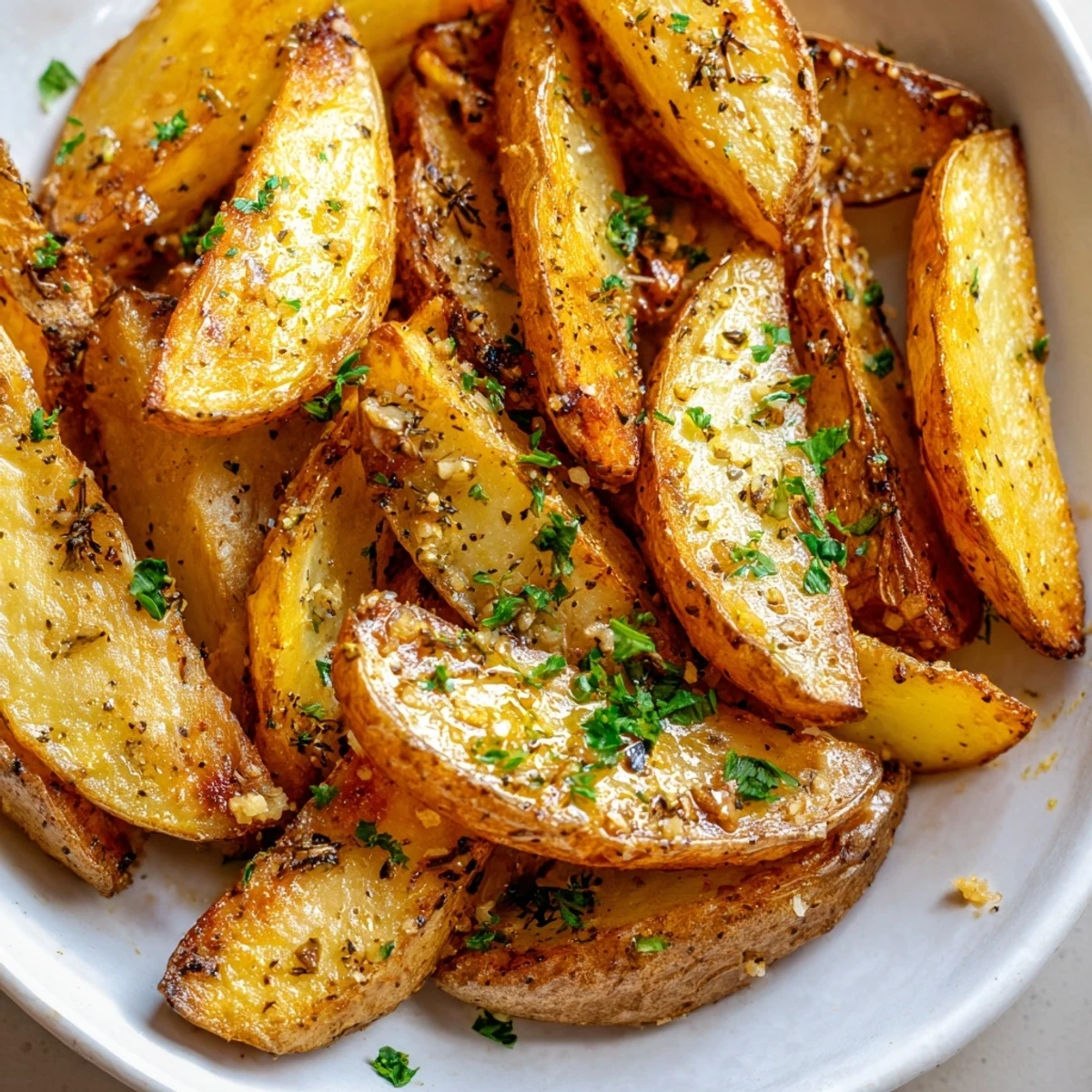 Golden-brown Lemon Potatoes with Rosemary garnished with fresh parsley and lemon wedges on a platter.