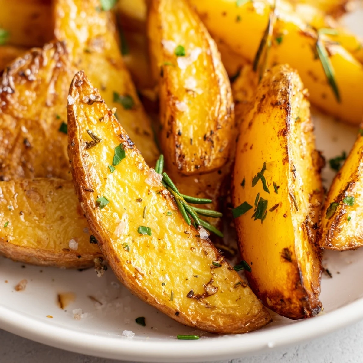A serving of Lemon Potatoes with Rosemary alongside grilled chicken and vibrant roasted vegetables.