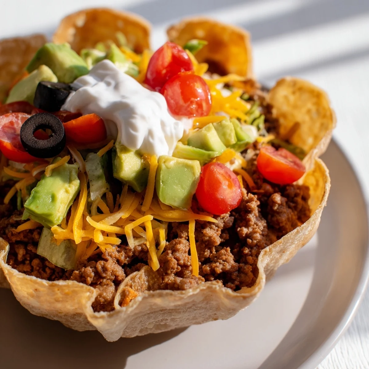 Golden baked taco shell bowl filled with creamy guacamole, sour cream, and fresh lettuce, topped with juicy tomatoes and cilantro.