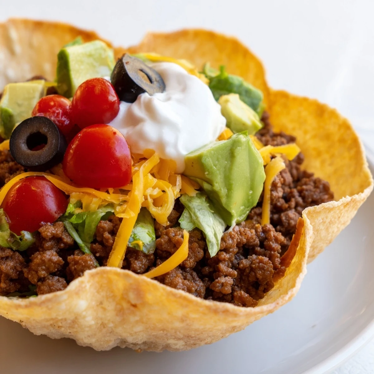 A vibrant Beef Taco Salad with Shell brimming with seasoned ground beef, black beans, and corn inside a crisp baked tortilla bowl.
