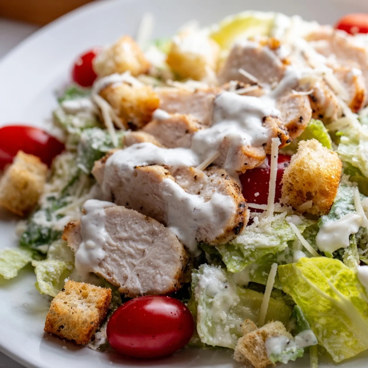 Juicy grilled chicken breast atop crisp romaine lettuce for a classic Chicken Caesar Salad, drizzled with creamy dressing and croutons.