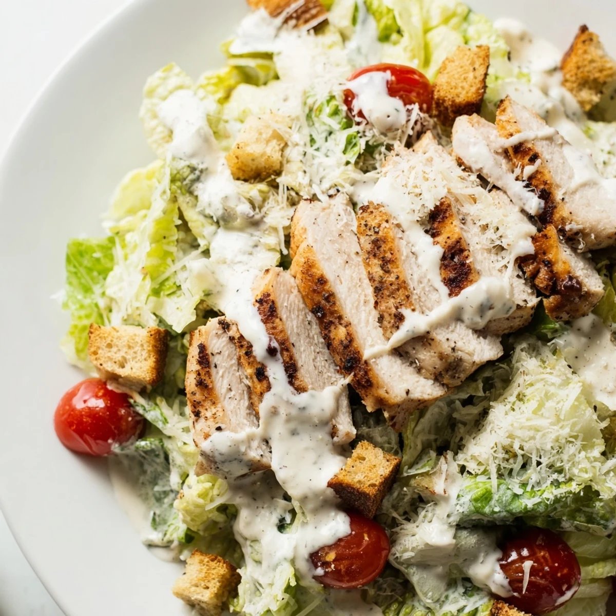A hearty Chicken Caesar Salad features golden croutons, sharp Parmesan cheese, and tangy dressing, served fresh for a satisfying lunch.