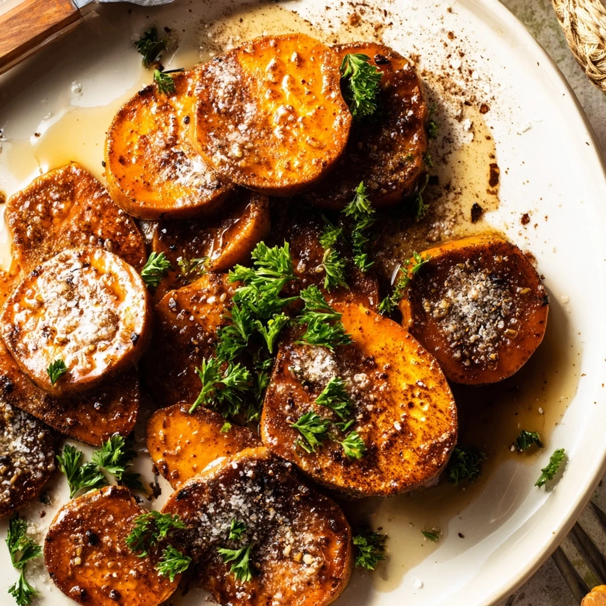 Golden-brown crispy sweet potato rounds roasted with cinnamon, lightly glistening from honey drizzle and fresh parsley garnish.