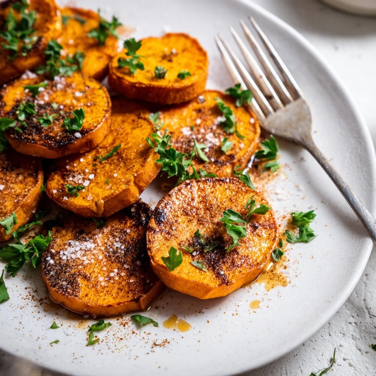 Freshly baked crispy sweet potatoes with cinnamon served alongside roasted chicken, creating a vibrant and appetizing plate.