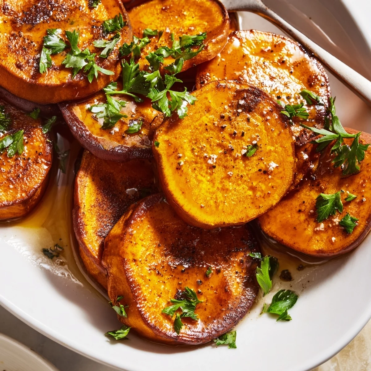 Close-up of crispy sweet potatoes with cinnamon showing caramelized edges and tender centers on a rustic serving platter.