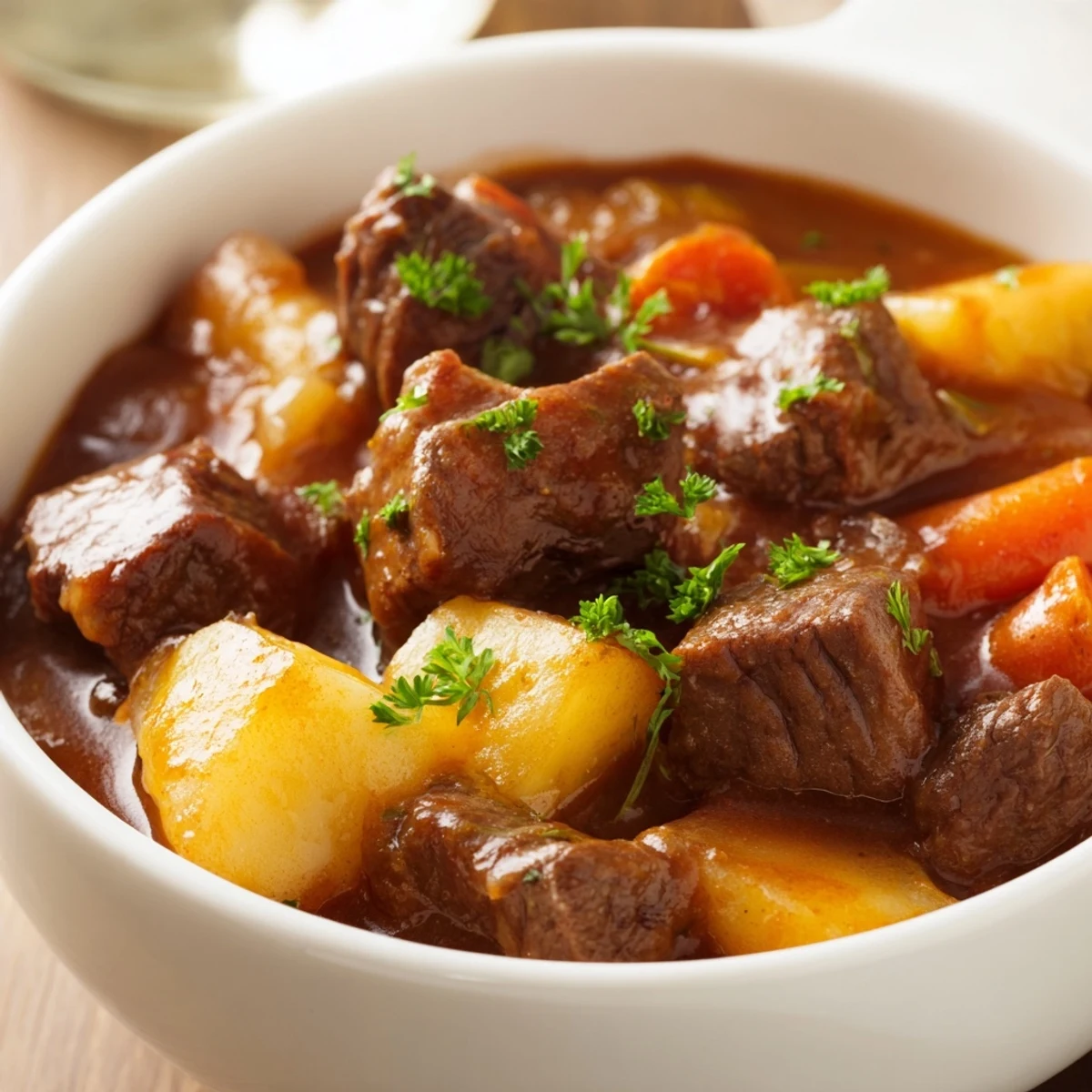 Hearty Slow Cooker Beef Stew served in a rustic bowl, garnished with fresh parsley and ready to eat.