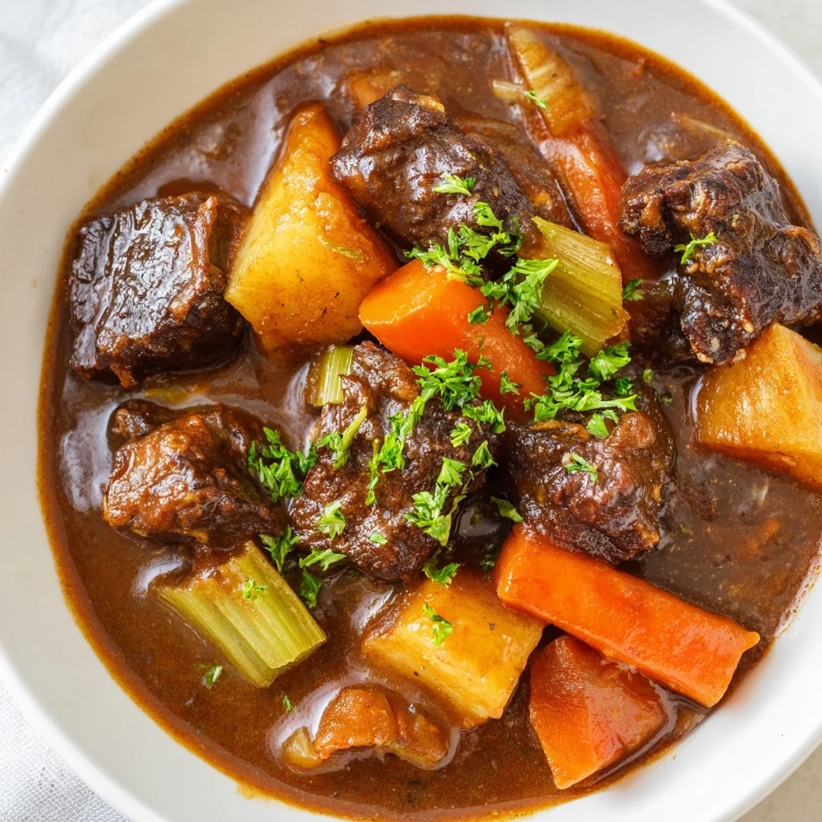 Steaming Slow Cooker Beef Stew with tender beef chunks, carrots, and potatoes in a rich, savory gravy.