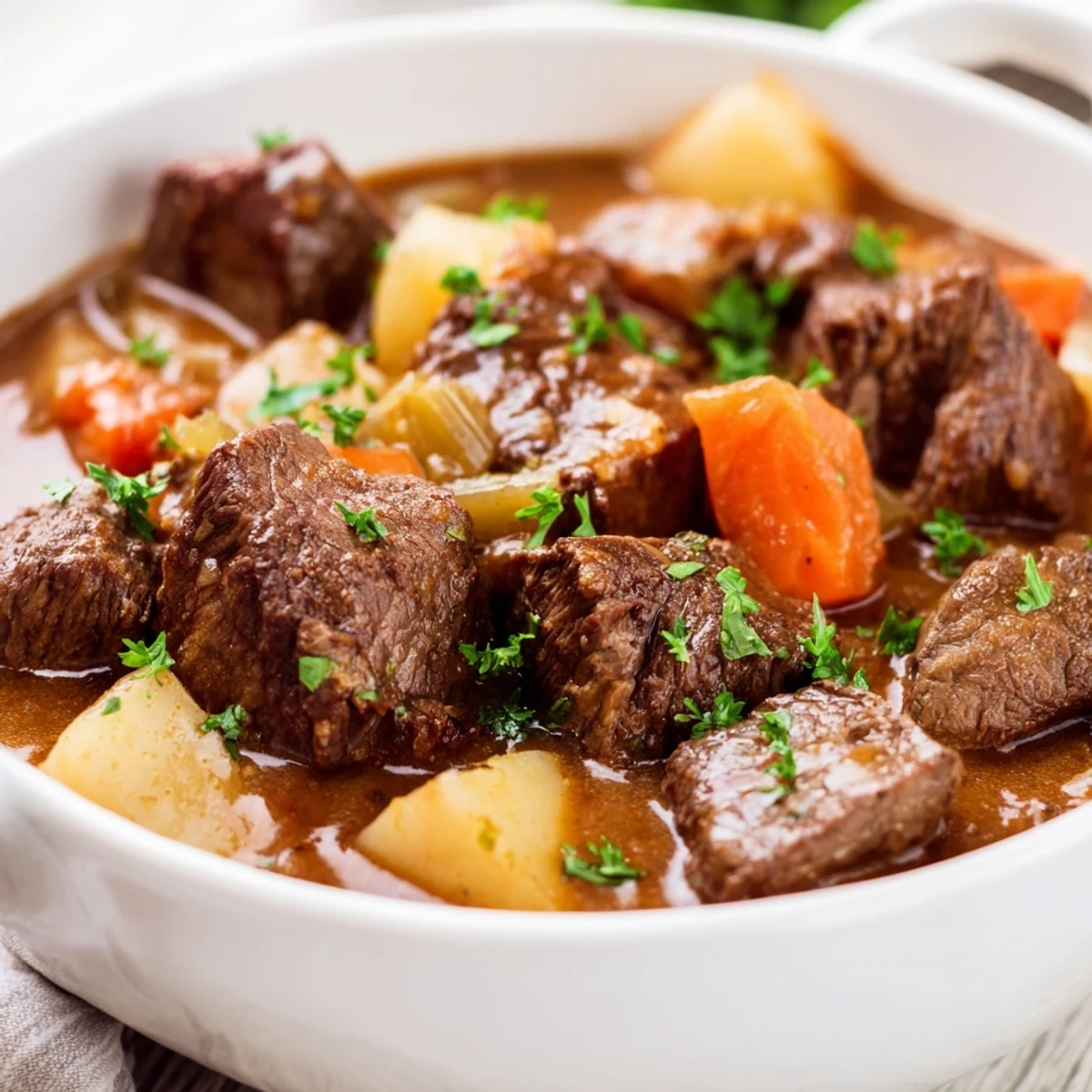 Golden Slow Cooker Beef Stew with melt-in-your-mouth beef, carrots, and potatoes, perfect for a cozy family dinner.